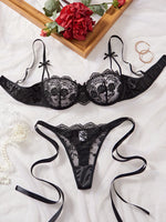 Lady Floral Embroidery Lingerie Set Women Sheer Bra and Brief Underwear Set Satin Sexy Intimates Underwear