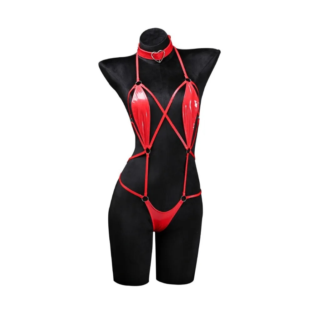 Women Patent Leather Harness Lingerie with Heart Choker Open Back Crotch Less Erotic Bodysuit Intimate Club Wear for Night Party