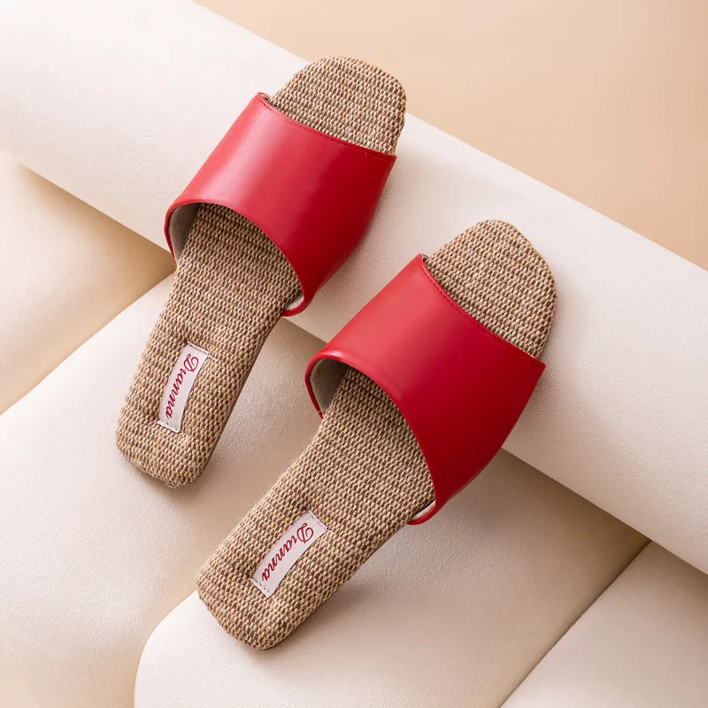 2026 New Breathable Linen Slippers For Women Men Spring Summer House Shoes Soft PU Leather Anti-slip Couples Home Floor Slides