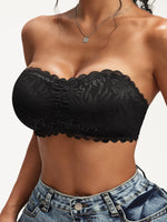 Women's Off Shoulder Lace Bandeau Bra, Floral Ruffled Wirefree Removable Pads Lift Anti-Sagging Daily Casual Wear