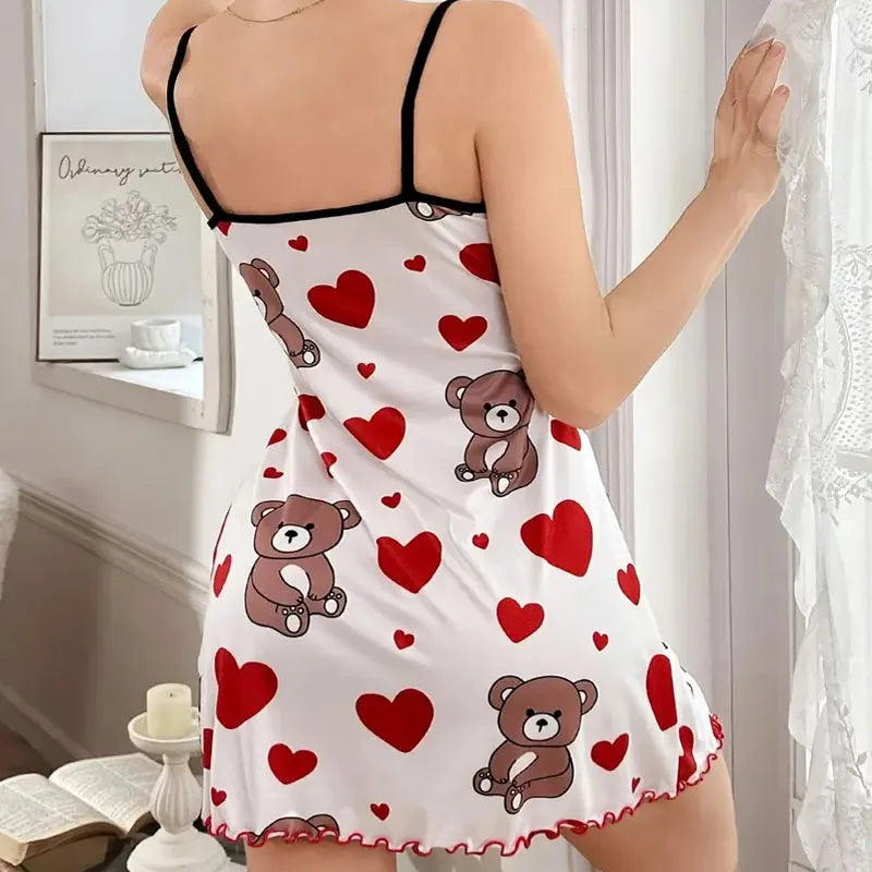 New women's sleepwear with camisoles summer thin casual home wear cute teddy bear heart printed nightgown hot selling item Y2K