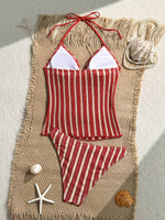 Vintage Red Striped Two Piece Bikini Set 2026 Women Shell Starfish V Neck Top High Waist Swimsuit Beach Bathing Suit Swimwear