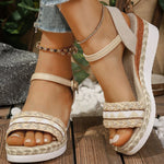 Bohemian Braided Wedge Sandals for Women Summer 2025 Beach Casual Ankle Strap Sandles Woman Plus Size Med Heel Sandalias Ladies