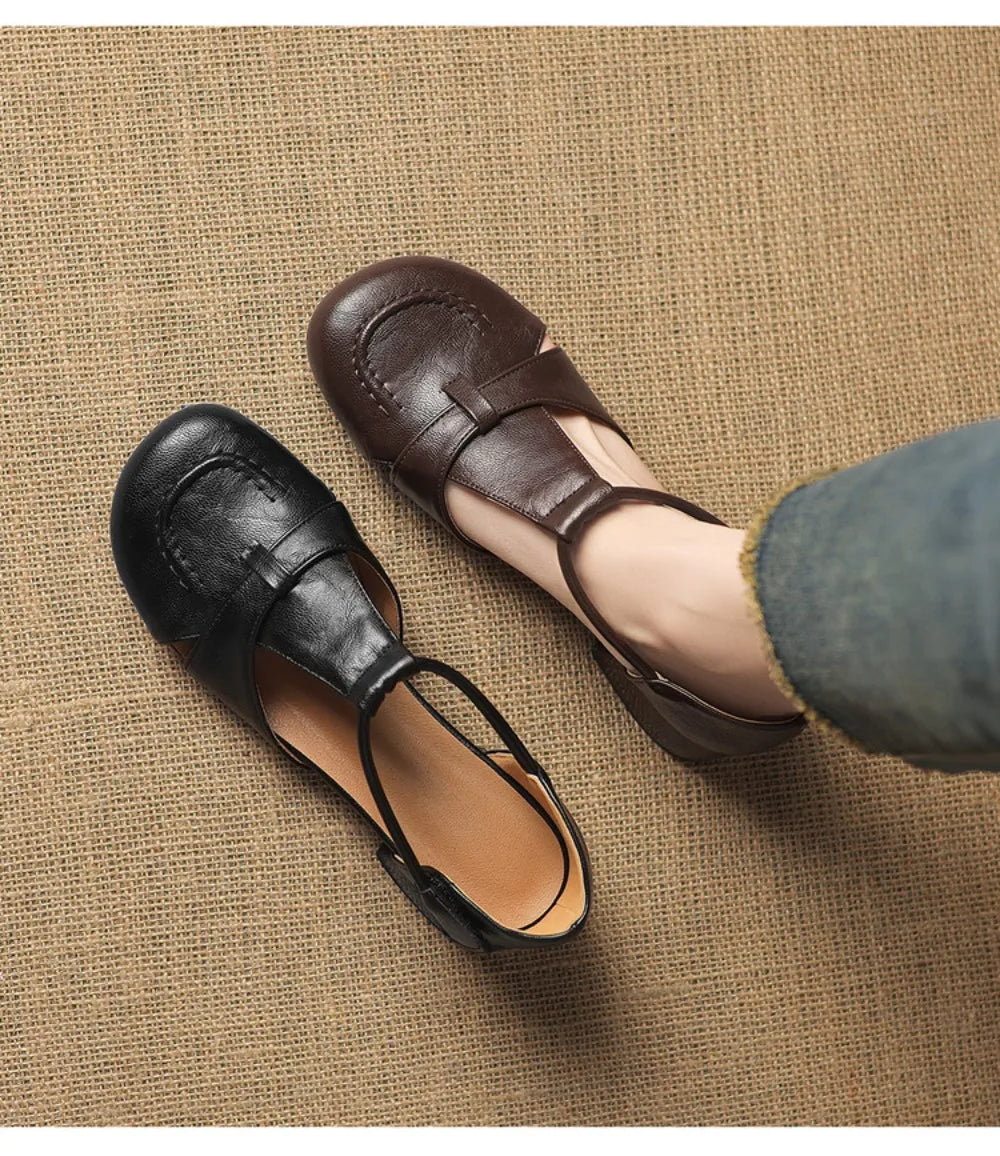 French Slip-on Single Shoes Retro British Shoes for Women Brown T-Strap Shallow Flat Sandals Soft Leather RomeSummer New 32-43