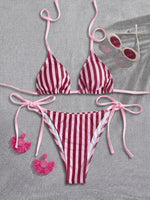 Sexy Pink Striped Micro Bikini 2026 Women Halter Push Up Bra Tie Side Thong Swimsuit Beach Bathing Suit Holiday Swimwear Biquini