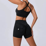 Seamless Yoga Sets Sports Fitness Peach Hip-lifting Pocket Shorts Cross Beauty Back Vest Suits Workout Gym Shorts Sets for Women