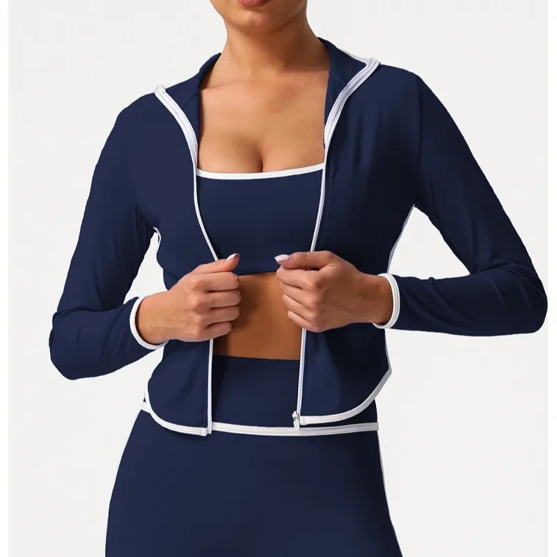 Women's Yoga Top Color-Block Zipper Stand Collar Bare Jacket Autumn Winter Outerwear Running Fitness Long Sleeve Coat