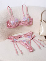 French Romantic Pink Satin Embroidered Lingerie Set Bra + Thong + Stockings Three-Piece Set