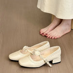 2026 Floral Rose Women Mary Jane Shoes Fashion Buckle Strap Thick Heel Shoes Ladies Elegant Daily Wedding Leather Dress Pumps