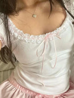 Women's Summer T-shirt Cap Sleeve Square Neck Neck Lace Trim Tee Tops Kawaii Gothic Y2K Aesthetic Shirts