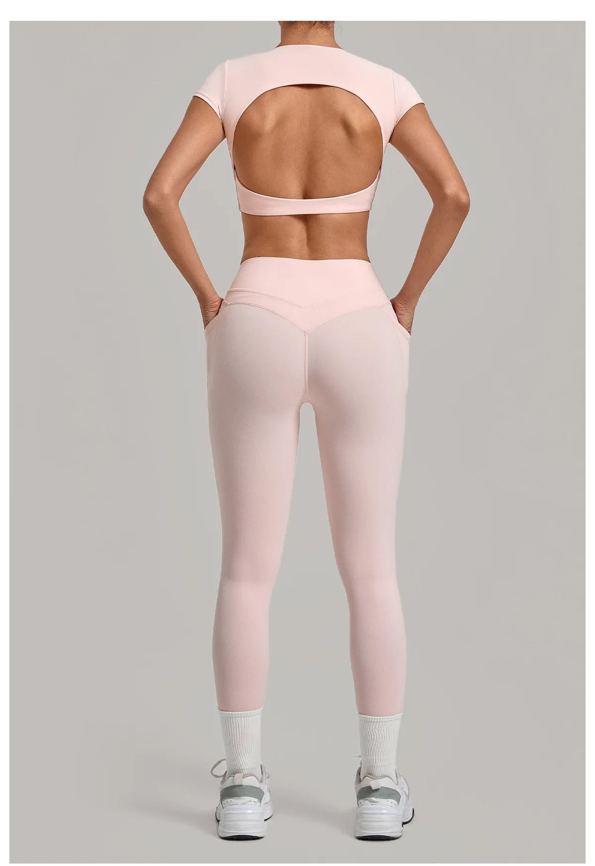 Yoga Set Women's Tracksuit Short Sleeve Back Hollow Out Sports Top Athletic Wear Tight High Waist Pocket Leggings Fitness Suits