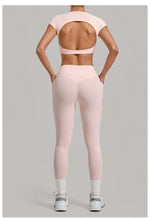 Yoga Set Women's Tracksuit Short Sleeve Back Hollow Out Sports Top Athletic Wear Tight High Waist Pocket Leggings Fitness Suits