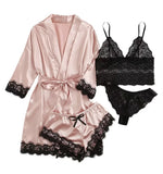 2025 New Women's Pajama Fashion 4-Piece Set Lace Satin Strap Sexy Pajama Set Dress Skin Friendly Comfortable Casual Pajama Skirt