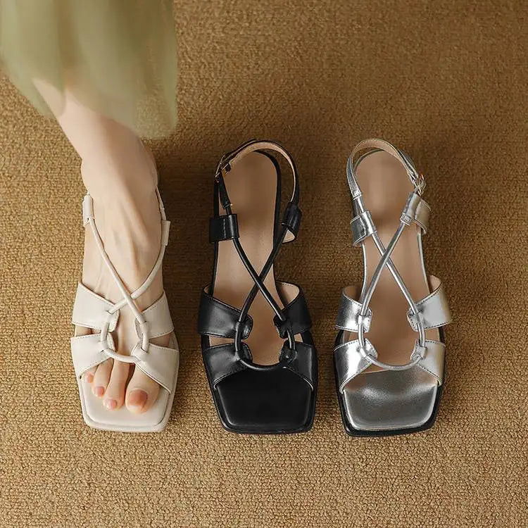 Summer New Model Fashion Middle Heeled Women's Sandals Black Buckle Open-toe Comfortable Hollow-out Women's Shoes High 3.5cm