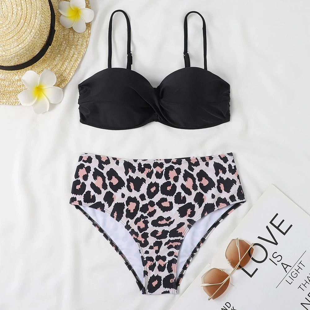 Print Bandeau Bikini Swimsuit Women Push Up Bikini Set Swimwear Female High Waisted Bathing Suit Beach Wear Brazilian Biquini