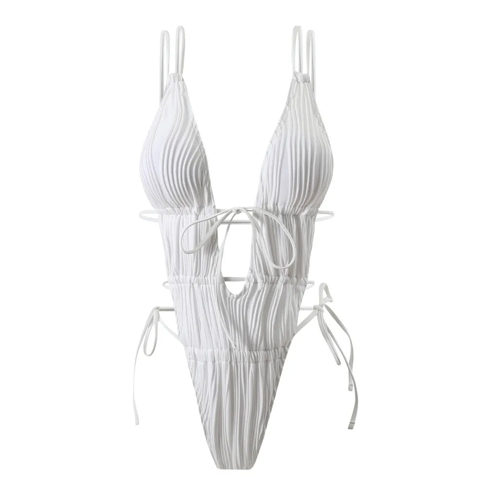 Sexy Backless One Piece Swimsuit Woman 2026 String Texture Swimwear Hollow Out Monokini High Cut Bathing Suit Deep V Neck Bather
