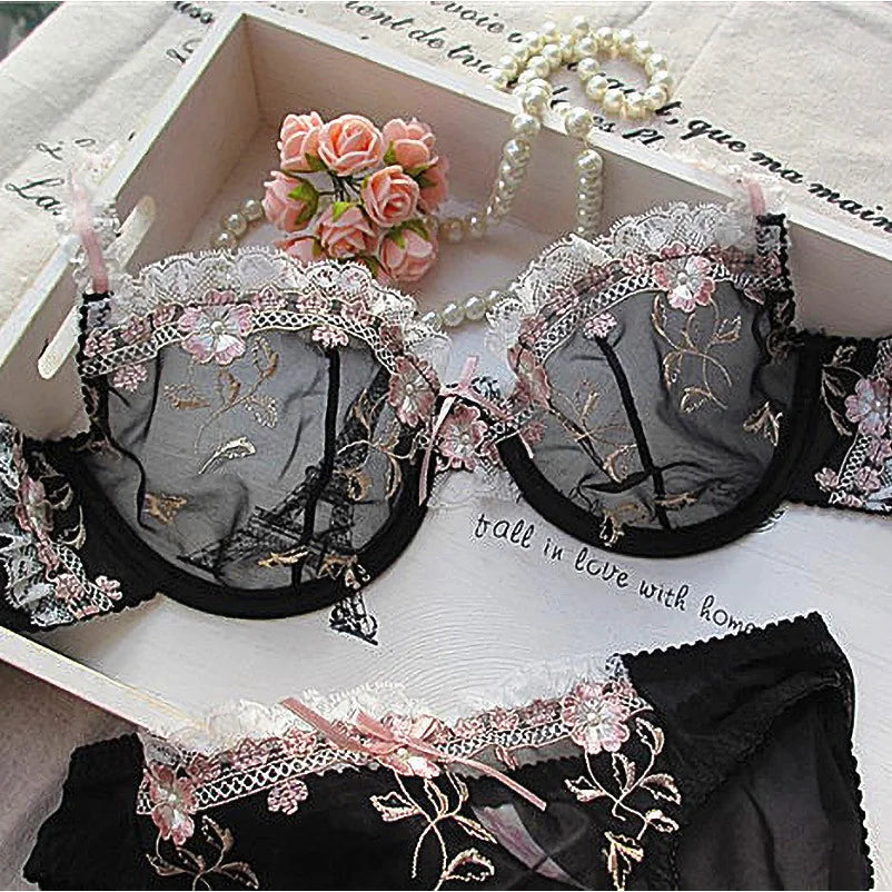 MOYISU Luxury French Pure Desire White Lace Thin Sexy Gauze Underwear Set Embroidery Girl Push-up Bra Big Size Big Breasts Small