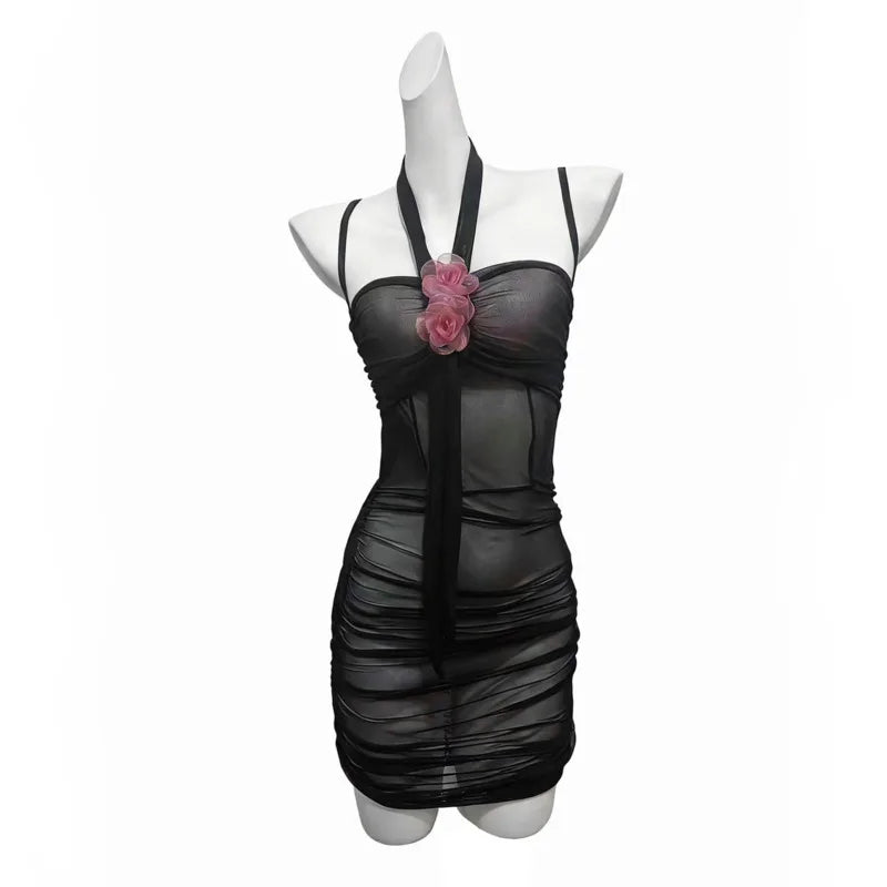 Sexy Transparent Dress Backless Deep V Suspenders Sleeveless Hanging Neck Flower Dress Mesh Pure Desire Casual Style Dress QFZO