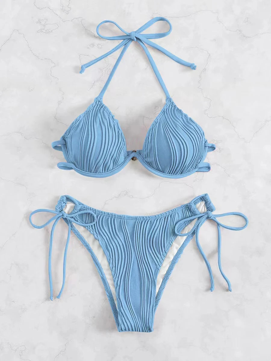 2026 Halter String Bikini Solid Push Up Swimsuit Women Sexy Swimwear Female Bathers Bathing Swimming Swim Suit Beachwear