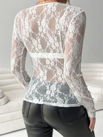 Women's Lace Floral T-shirts Long Sleeve O Neck See-through Slim Tops Spring Summer Autumn Shirts