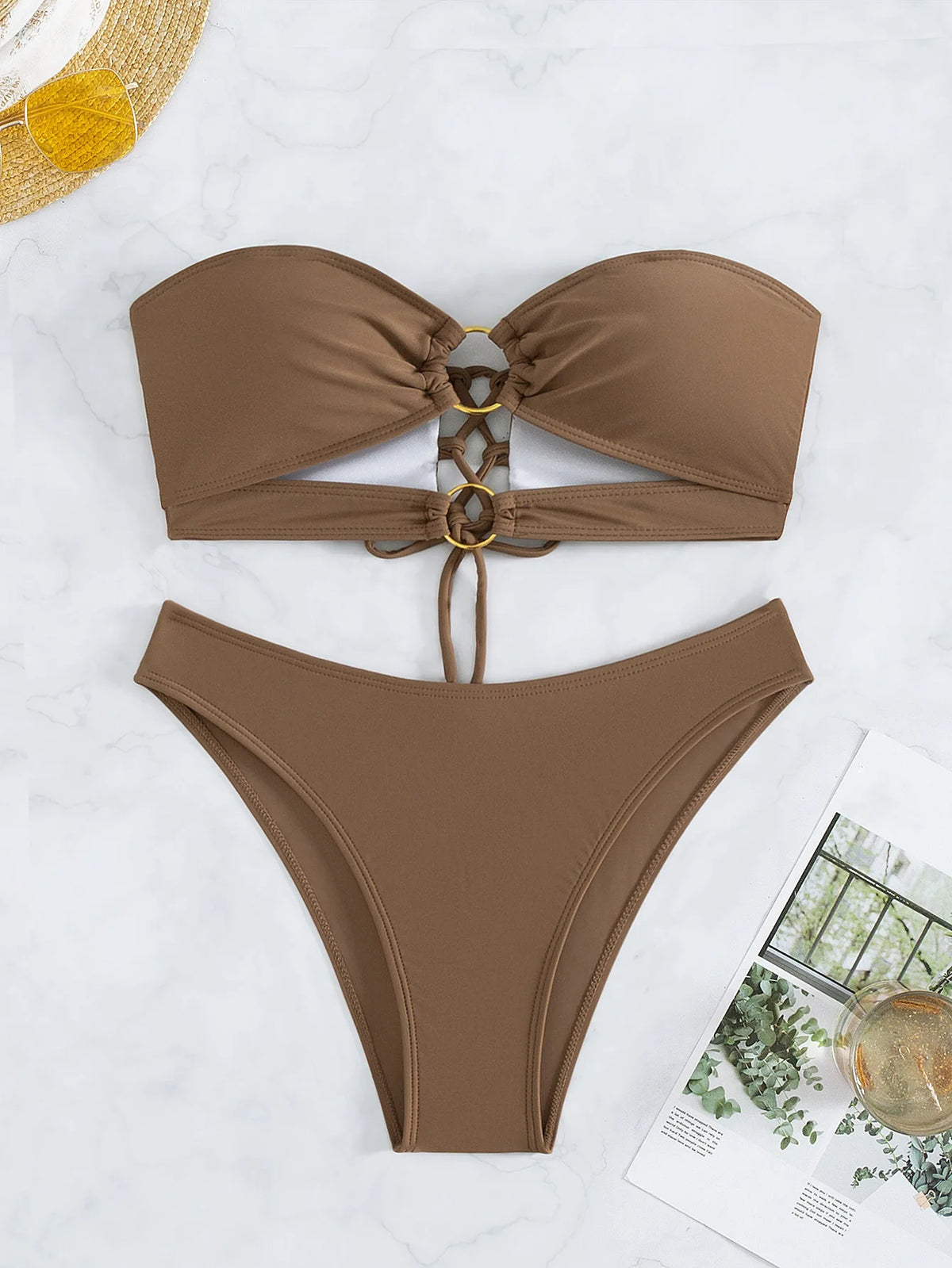 Women's Sexy Thong Brazilian Bikini Two-piece Swimsuit Brown Low Waist Bandeau Swimwear 2024 String Bathing Suits Beach Wear