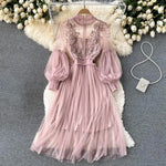 2 Pcs/Set Women Dress Suit Floral Embroidery See-through Lace Lantern Sleeves Pleated A-line Elastic Waist Dress Slip Dress Suit