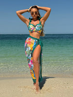 Vintage Green Leaves Print Bikini Set 2026 Women Tie Strap Push Up Underwire Long Skirt 3 Piece Swimsuit Bathing Suit Swimwear