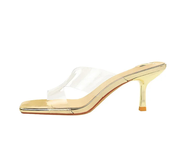 BIGTREE Sexy Silver PVC Transparent Crystal Womens Slippers 2026 Summer Square Toe Thin High Heels Sandals Ladies Shoes