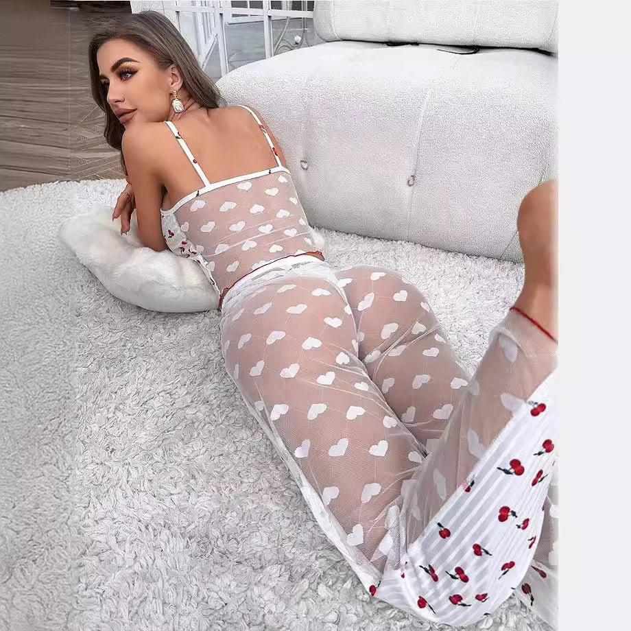 New Heart Print Long Pant Pajama Set Women's Ribbed Cami Top Sheer Lace Panel Comfortable Loungewear Sleepwear Cute Fashion Gift