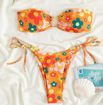 Sexy Bandeau Bikini 2025 Women Pink Floral Print Ring Circle Push Up Micro Swimsuit Off Shoulder Bathing Suit Thong Swimwear