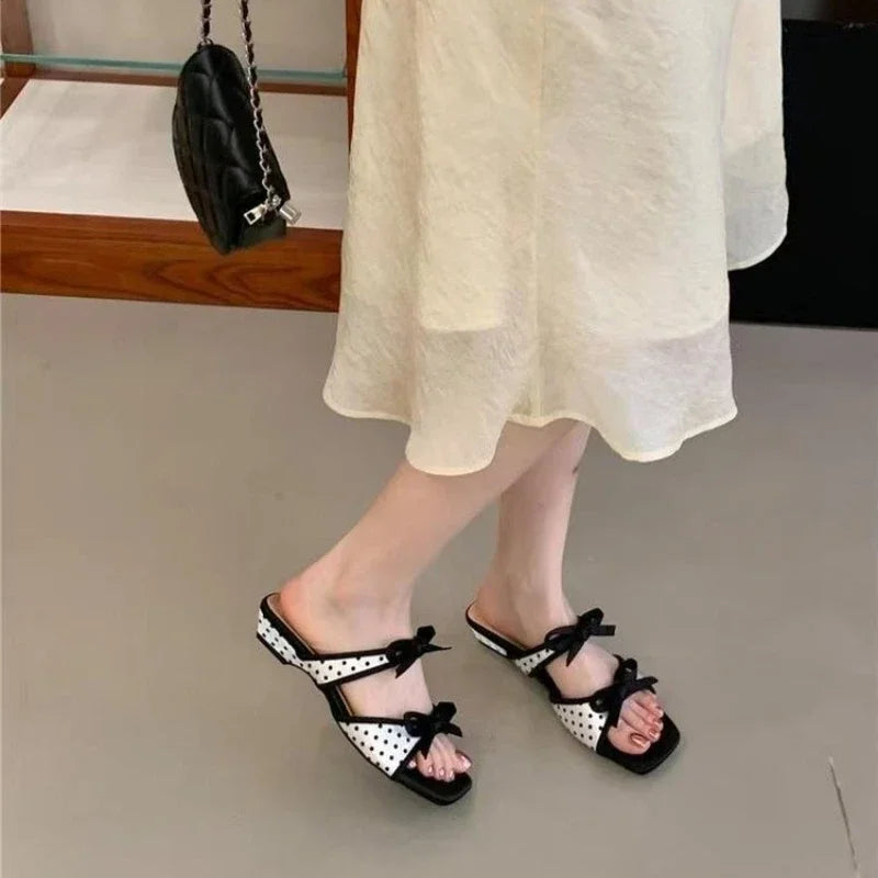 Bow Women Slippers High Heeled Sandals Shoes Square Toe Elegant 2026 Summer Trend Toe Dress Party