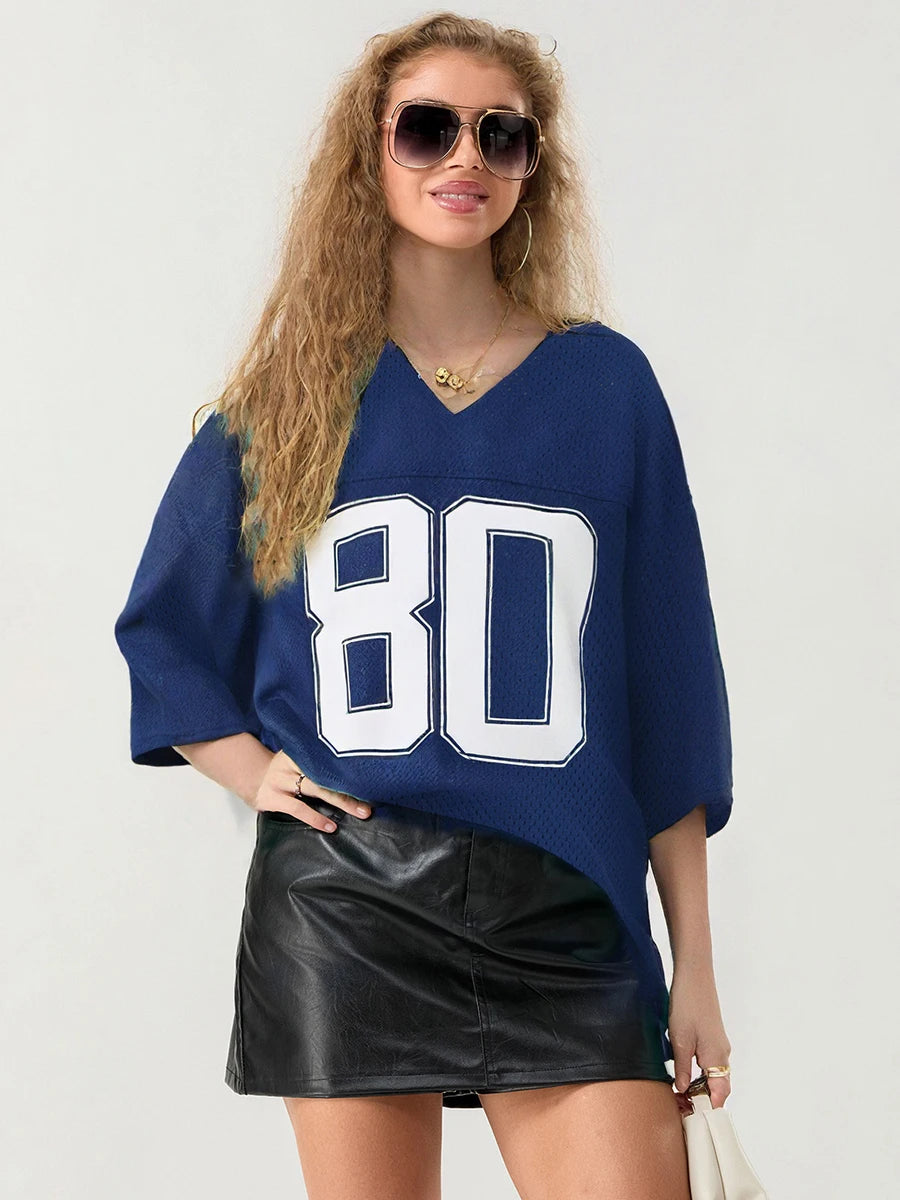 Women T-shirt V Neck Short Sleeve Numbers Print Loose Summer Tops Streetwear for Casual Daily