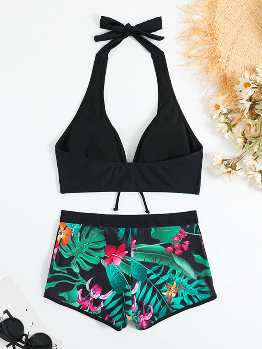 2026 Halter Bikini Set Short Swimsuit Women High Waist Swimwear Female Printed Bathers Swimming Bathing Swim Suit Beachwear