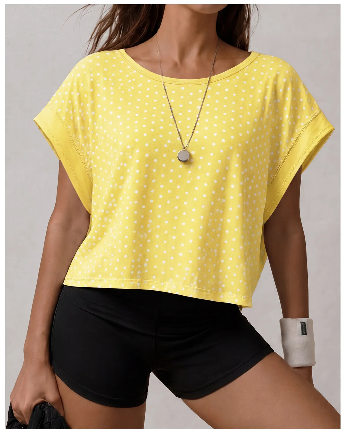 Summer Back Hollow Out Yoga T Shirts Women Polka Dot Print Short Sleeve Loose Sports Cover Up Breathable Training Fitness Tops