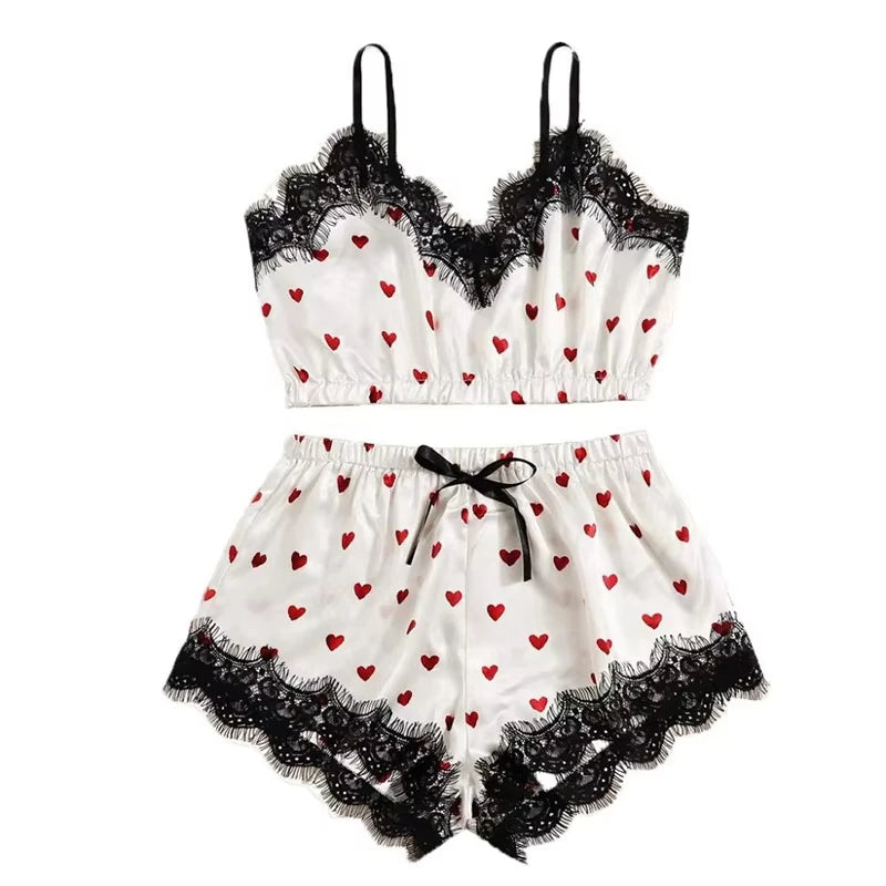 Women's Pajama 2PCS Pajama Suit Women Fashion V-Neck Stretch Satin Lace Sexy Lingerie Bowknot Pyjamas Sleep Shorts Set Sleepwear