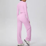 2 Pcs Women's Seamless Yoga Set Long-sleeved Wide-leg Pants Tracksuit Fitness Sports Set High-waisted Hip-lifting Slim-fit Suit
