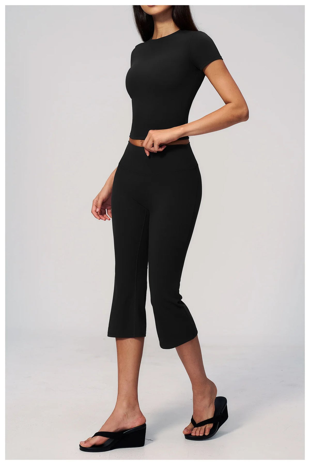 Yoga Set for Women High Waist Hip Lifting Tight Mid Pants Fitness Suit Short Sleeve O Neck Slimming Sports T Shirt Athletic Wear