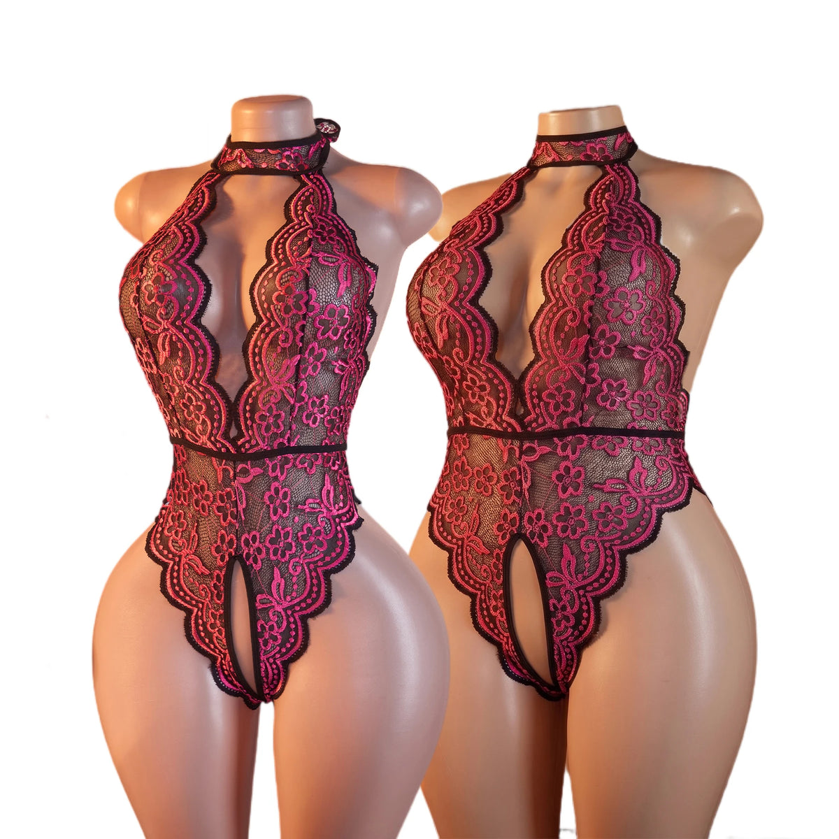 S-4XL Sexy Crotchless Halter Lingerie Women Lace Hollow Transparent Curvy Erotic Bodysuit Deep V Open Bra Underwear Set Babydoll