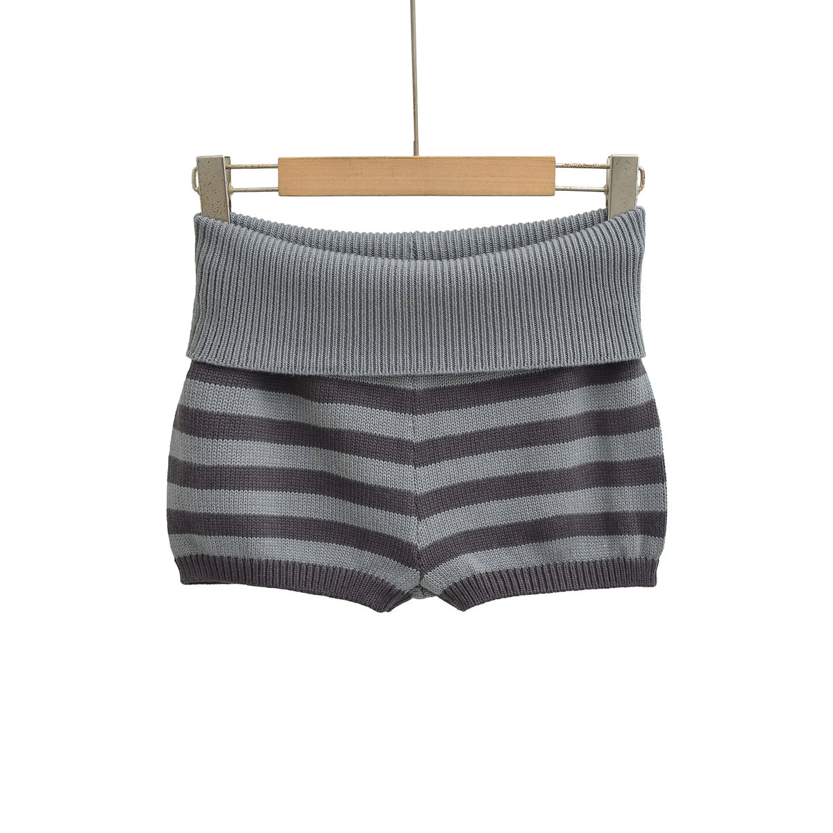 Stripe Fold Over Waist Knit Shorts For Women Soft Stretch Ribbed Fabric Relaxed Fit Retro Perfect For Casual Street Style V0HI