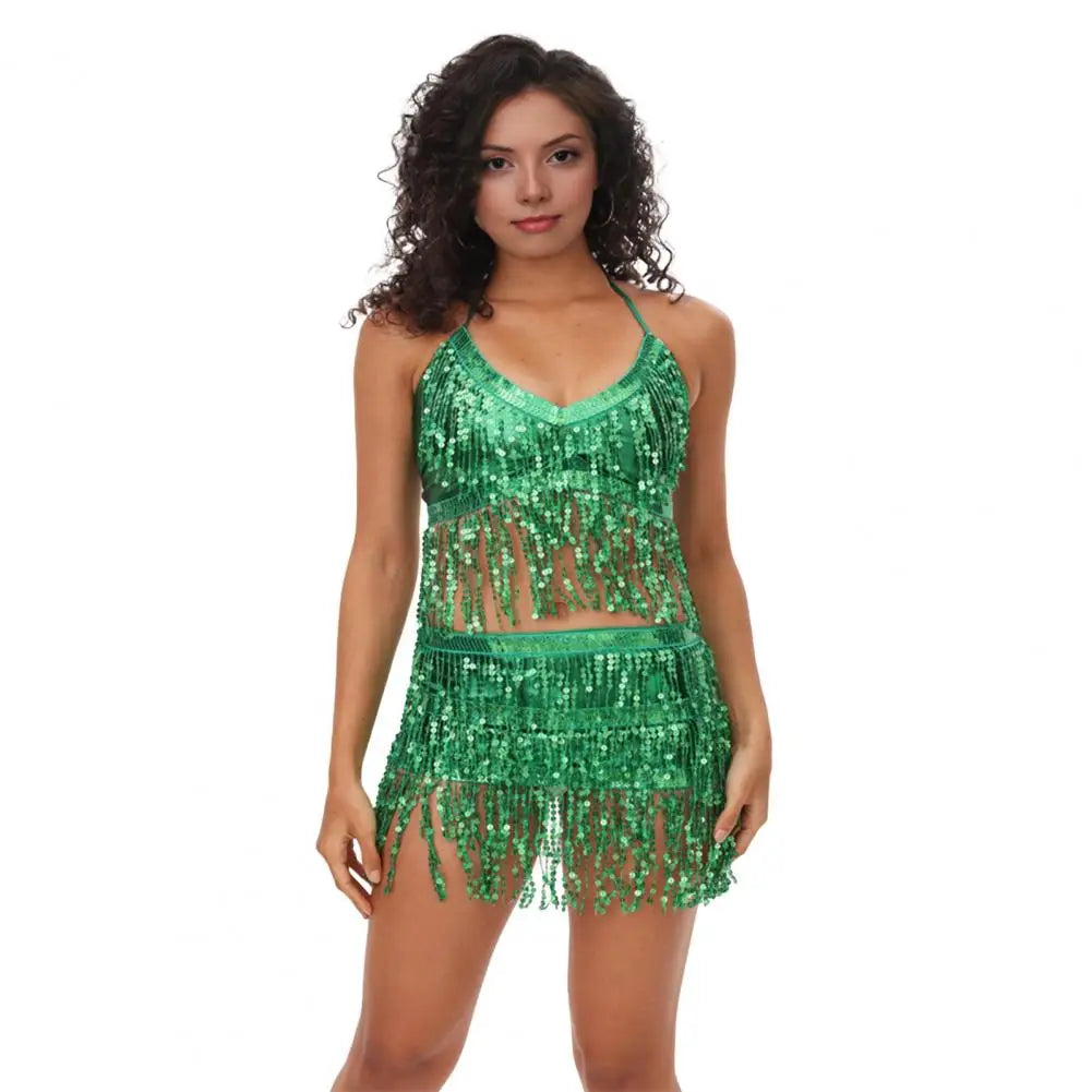 Belly Dancer Outfit Sequin Tassel Bra Top with Fringe Hip Scarf Set Sparkling Rave Party Costume for Women Girls