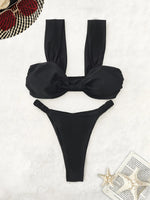 2026 Swimwear Women Halter Low Cut Bikini Set Solid Pleated Split Swimsuit Sexy Thongs Summer New Holiday Bathing Suit