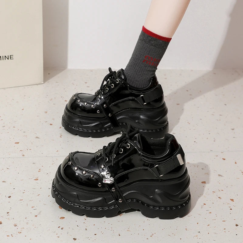 2026 Chunky Platform Punk Sneakers Women Belt Decor Lace Up Thick Bottom Vulcanized Shoes Woman Heighten Rivets Goth Shoes Mujer