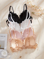 4Pcs Daily Lace Trim Women's Underwear Set Rhinestone Push up Underwire Bra Airy & Stylish Women Lace Lingerie Set