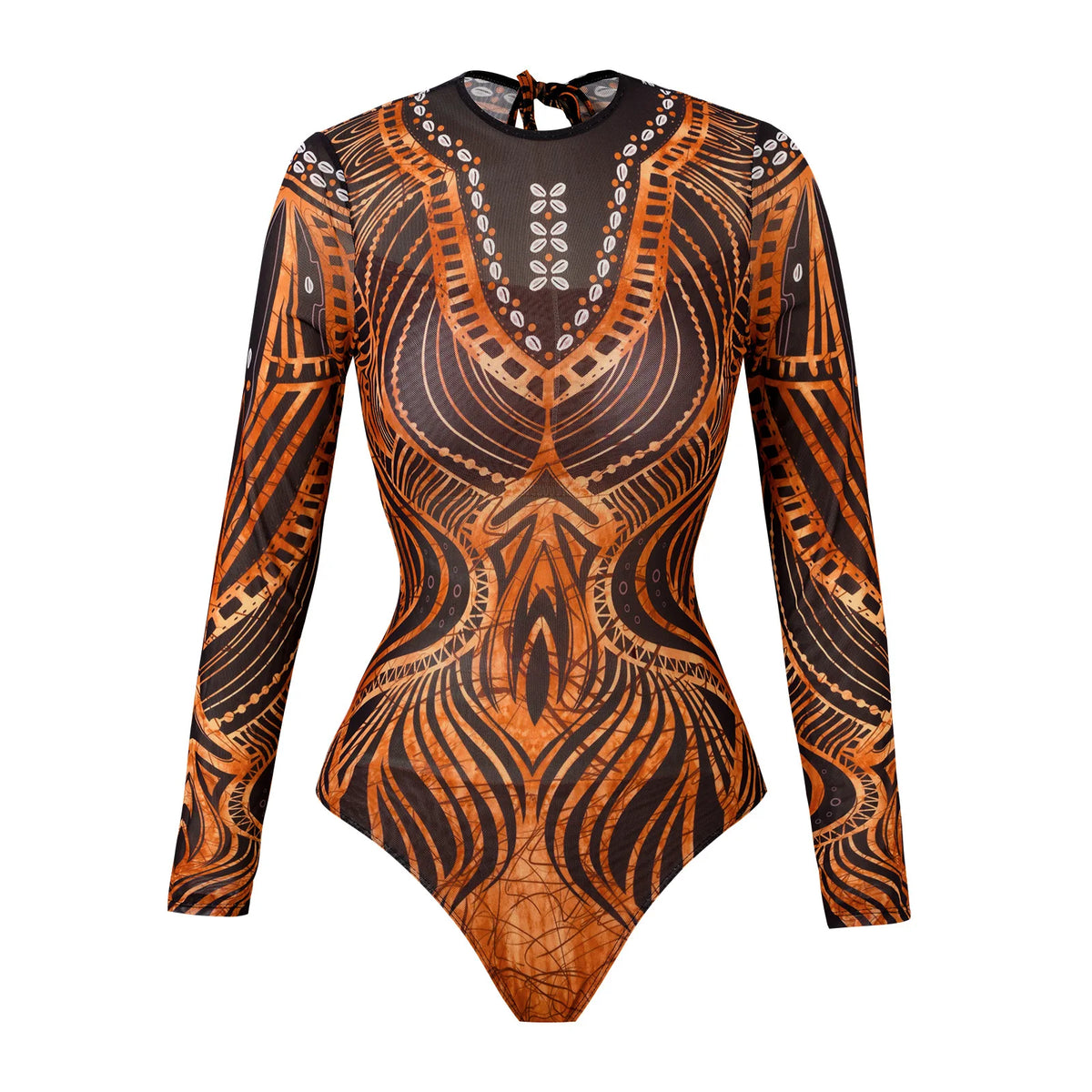 2025 Sexy Women's Retro Print Scoop Neck Padded Long Sleeve One Piece Swimsuits High Cut Bathing Suits Swimwear Bodysuit