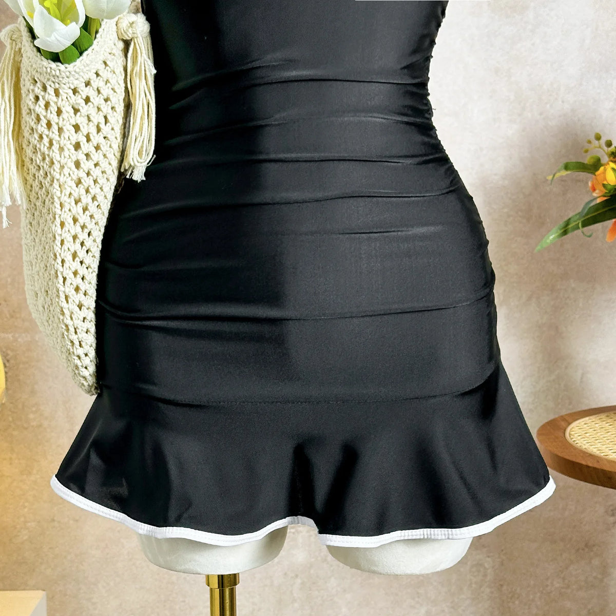 Vintage Black White Patchwork One Piece Swimwear Women 2026 V Neck Hollow Out Slim Bathing Suits Tummy Control Dress Swimsuit