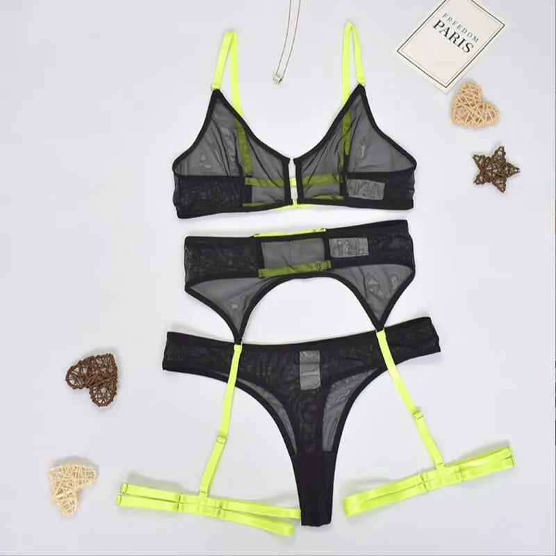 Women Transparent Bra Set Hot Erotic Sexy Costumes Solid Color Underwear Seamless Bra Thong Garters Sexy Lingerie Sets