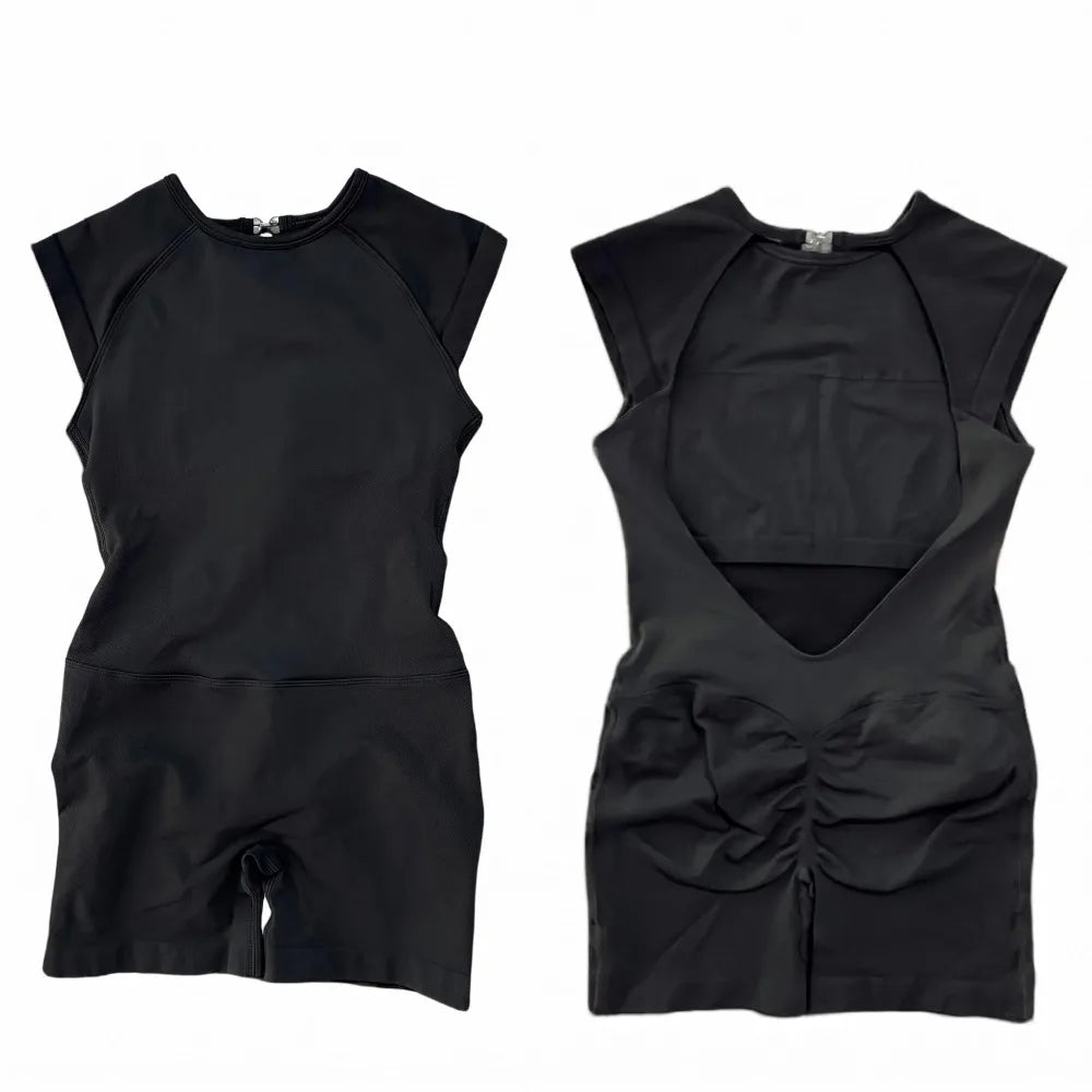 NCLAGEN Sporty Jumpsuit For Women Short Sleeve One Piece Backless Bodysuit Scrunch Booty Activewear Gym Set Workout Sportwear