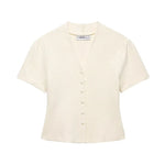 Women's Fashion Casual Structured Knit Jacket Women Beige V Neck Short Sleeve Textured Knit Cardigan Button Front Top Charm 17M0