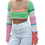 Women Summer Crop Tops Splicing Crochet Square Neck Long Sleeves Knitted T-shirt Tops 2021 Streetwear for Girls Green