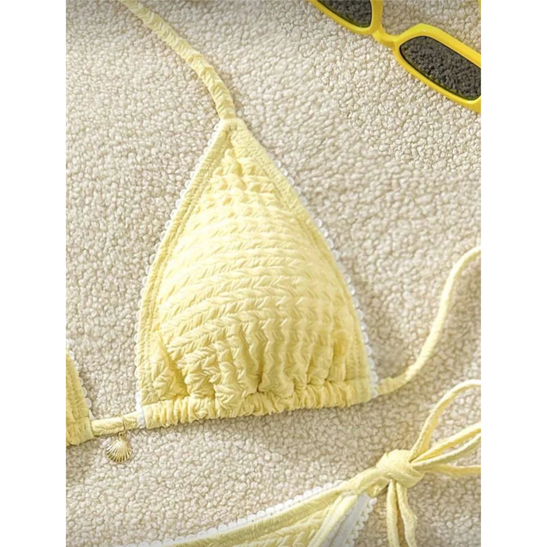 High Cut Leg Two-Pieces Bikini Set Bather Bathing Suit Swim Wrinkled Crinkled Halter Bikini Women Swimwear Female Swimsuit M125